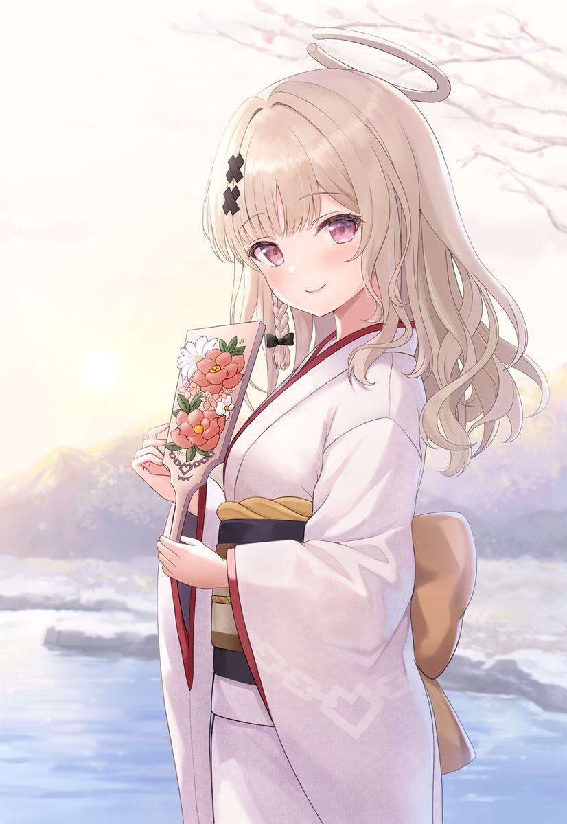 kirifrog, tokusari kukuri, indie virtual youtuber, commentary request, highres, 1girl, back bow, bow, branch, brown bow, brown eyes, brown hair, closed mouth, day, flower, from side, hagoita, hair intakes, hair ornament, halo, holding, japanese clothes, kimono, long hair, long sleeves, looking at viewer, looking to the side, obi, outdoors, paddle, pink flower, sash, smile, solo, virtual youtuber, water, white flower, white kimono, wide sleeves, x hair ornament