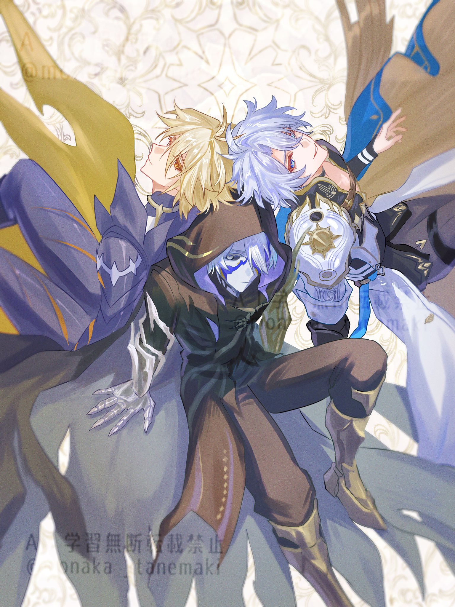 tanemaki monaka, flame reaver of the deepest dark, phainon (honkai: star rail), phainon (khaslana) (honkai: star rail), honkai: star rail, honkai (series), highres, 3boys, alternate form, antenna hair, armor, black eyes, blonde hair, blue eyes, boots, choker, clawed gauntlets, cracked skin, hood, jacket, latex, male focus, multiple boys, pale skin, pants, pauldrons, short hair, shoulder armor, single pauldron, sitting, spiked hair, strap, tailcoat, thighs, watermark, white hair, yellow eyes