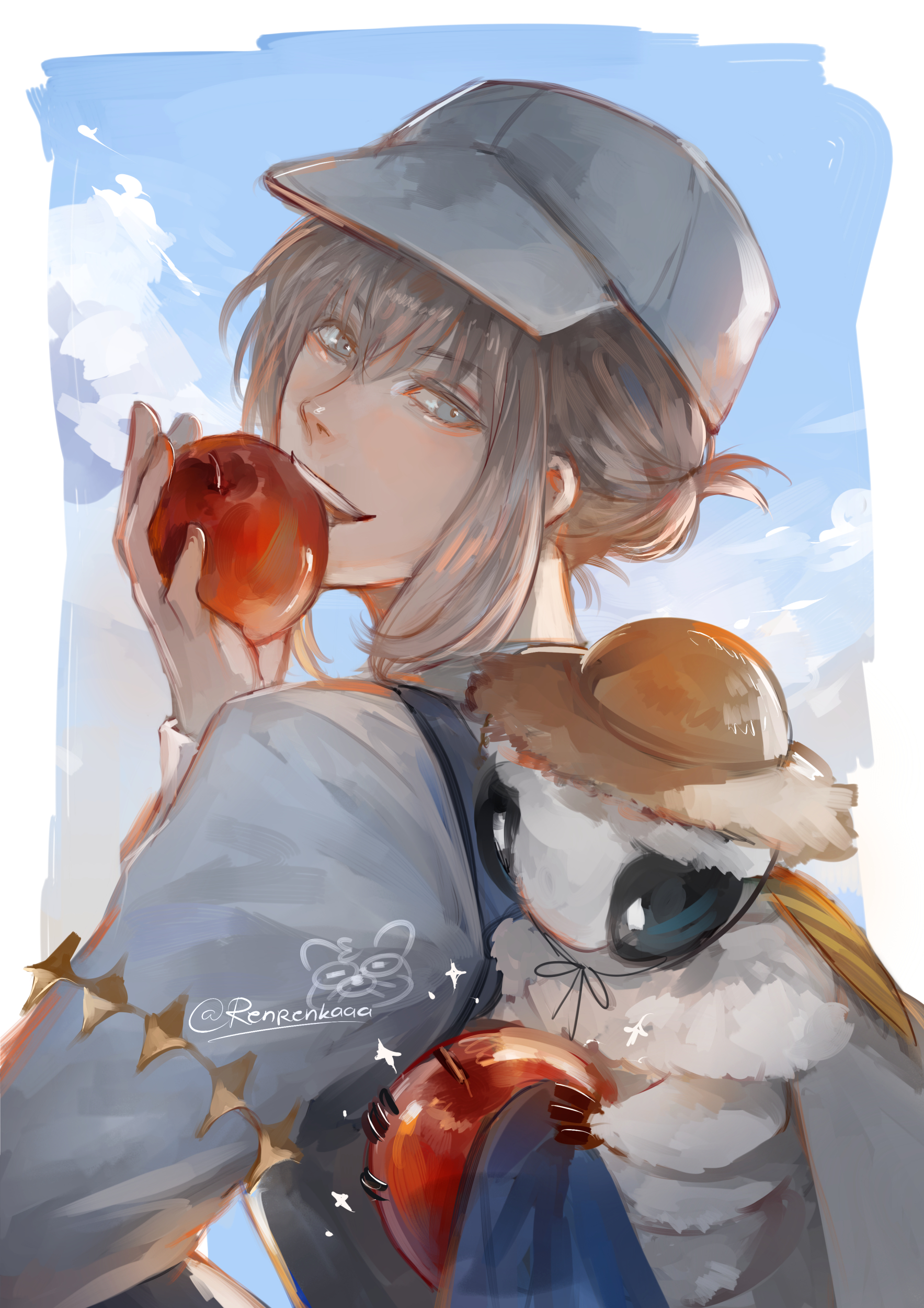 renrenka noi, blanca (fate), oberon (fate), fate/grand order, fate (series), absurdres, commentary, english commentary, highres, 1boy, apple, biting, border, bug, food, fruit, grey eyes, grey hair, hat, holding, holding food, holding fruit, insect, looking back, male focus, moth, shirt, solo, sparkle, straw hat, upper body, white border, white hat, white shirt