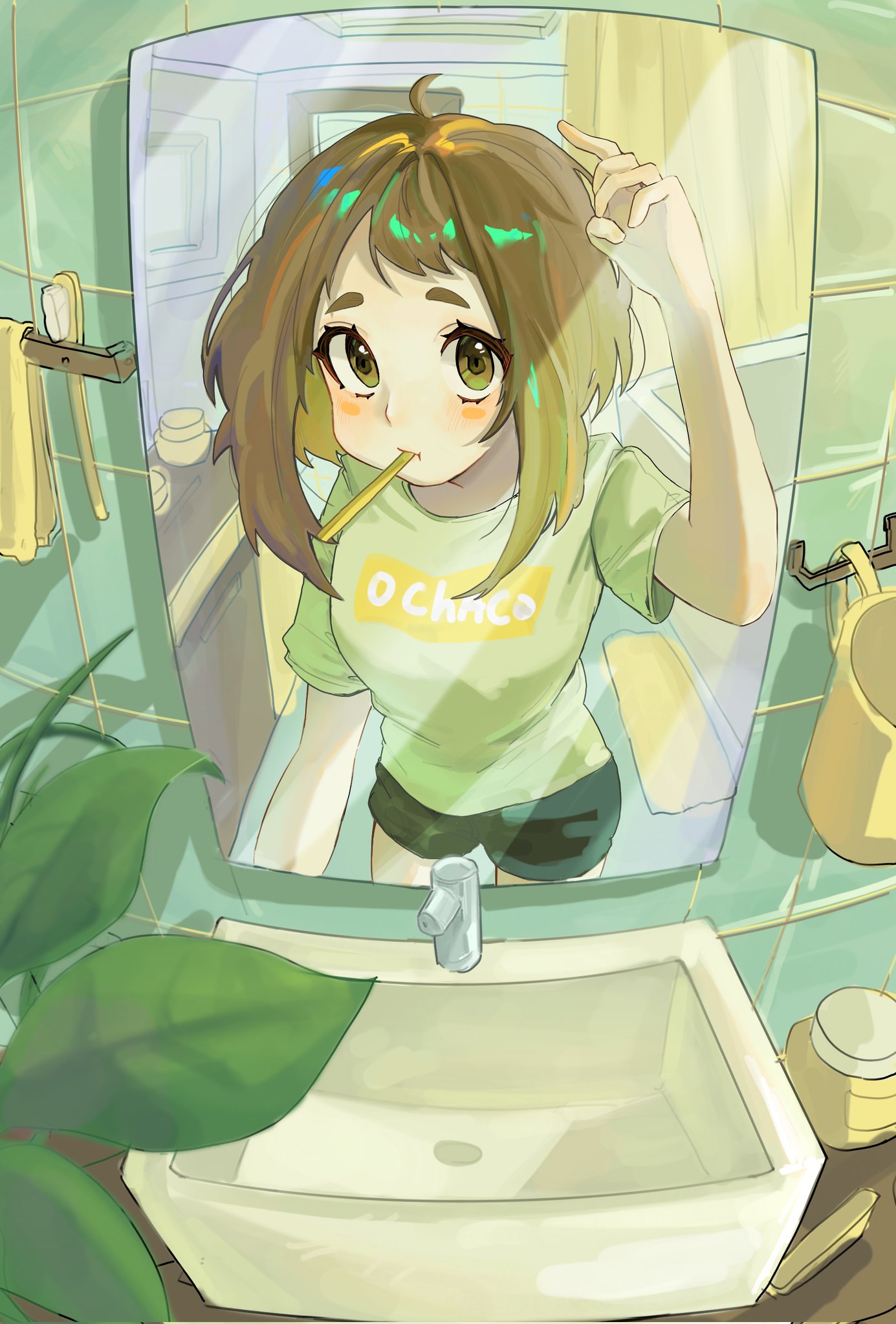 uraraka ochako, boku no hero academia, commentary request, highres, korean commentary, 1girl, ahoge, bathroom, black shorts, brown eyes, brown hair, character name, light blush, medium hair, paint1092, plant, potted plant, print shirt, shirt, shorts, sink, solo, t-shirt, tile wall, tiles, toothbrush, toothbrush in mouth, upper body