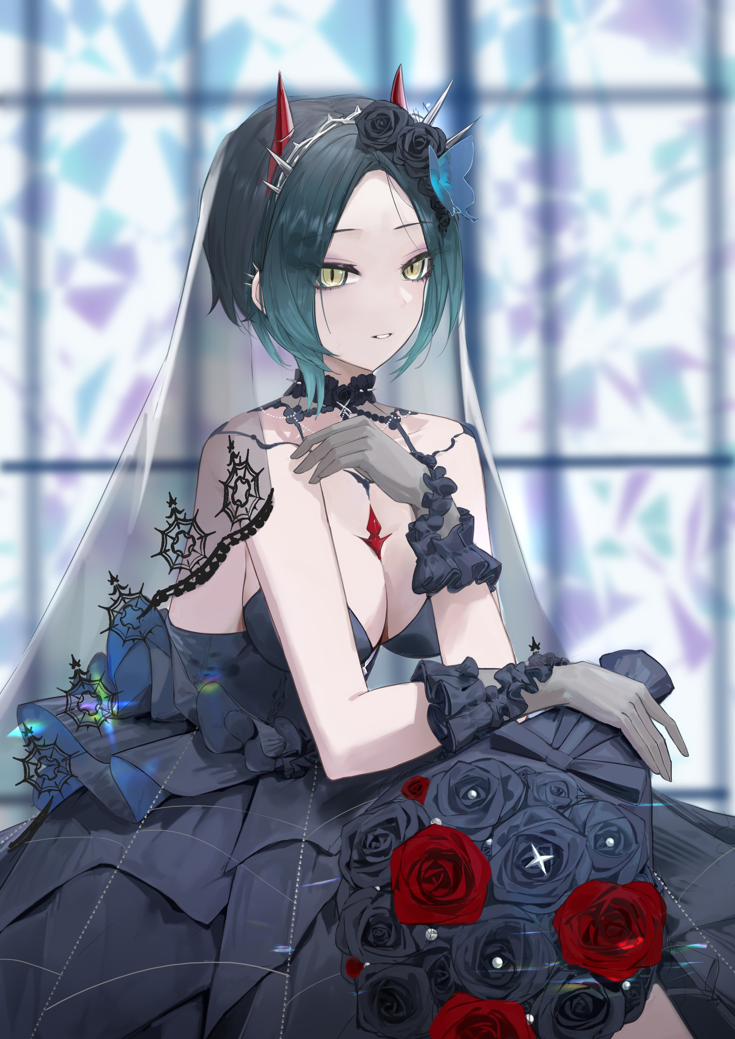 lilin (pixiv 25958194), ulrich von hutten (azur lane), ulrich von hutten (liebestrank) (azur lane), azur lane, absurdres, commentary request, highres, 1girl, bare shoulders, black dress, black flower, black gloves, black hair, black rose, blue hair, bouquet, breasts, cleavage, dress, ear piercing, flower, from side, gloves, gradient hair, grin, hair flower, hair ornament, hand up, horns, indoors, leaning forward, looking at viewer, medium breasts, medium hair, multicolored hair, piercing, red flower, red rose, rose, sleeveless, sleeveless dress, slit pupils, smile, solo, two-tone hair, veil, yellow eyes