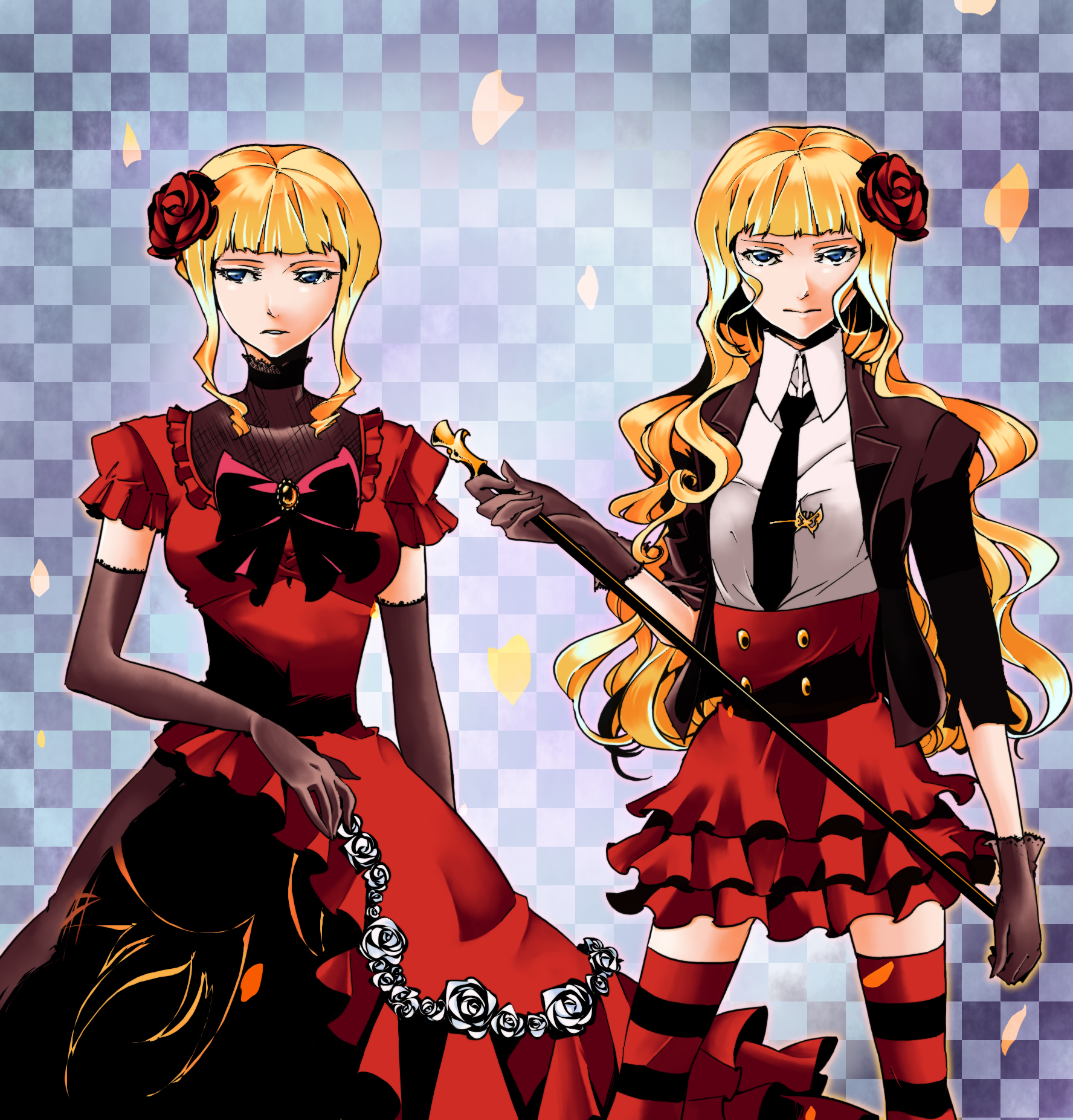 shiro karasu (hakua), beatrice (umineko), umineko no naku koro ni, highres, blonde hair, blue eyes, dual persona, elbow gloves, flower, gloves, hair ornament, skirt, thighhighs, zettai ryouiki