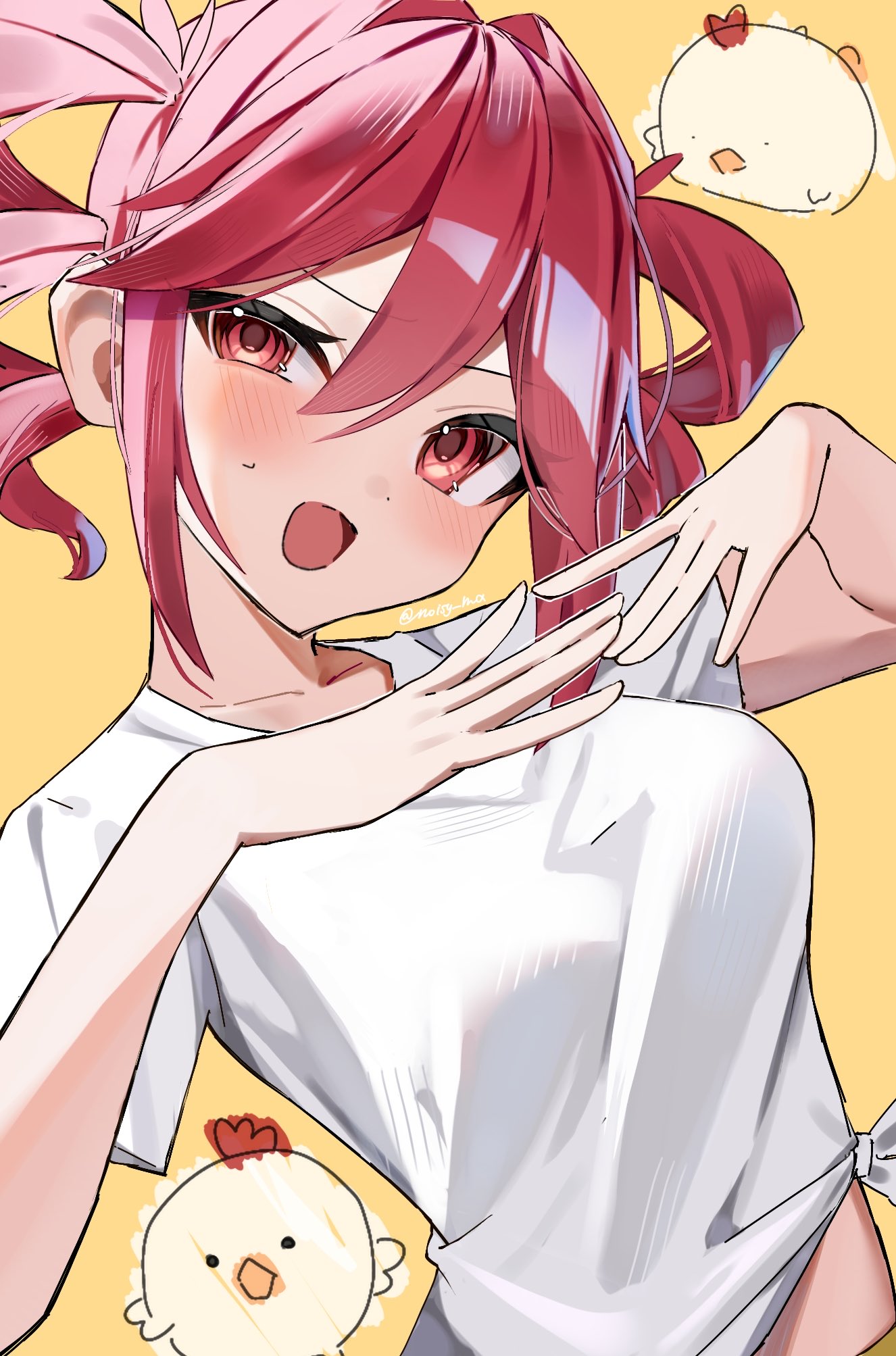 noisy ma, kasane teto, birdbrain (synthesizer v), utau, commentary, english commentary, highres, 1girl, blush, breasts, collarbone, double-parted bangs, drill hair, eyes visible through hair, hair between eyes, looking at viewer, medium breasts, midriff, open mouth, red eyes, red hair, shirt, short sleeves, twin drills, uneven eyes, white shirt, yellow background