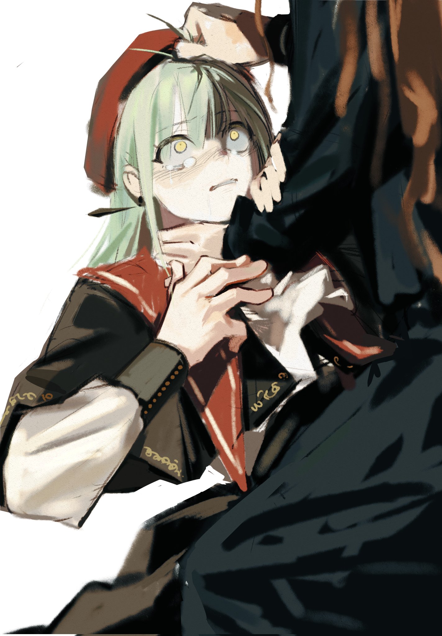 cracy logan, mortis (bang dream!), mortis (costume) (bang dream!), nagasaki soyo, wakaba mutsumi, bang dream!, bang dream! it's mygo!!!!!, chinese commentary, commentary request, highres, 2girls, beret, black capelet, blue shirt, blue skirt, brown hair, capelet, grabbing another's hair, green hair, hat, holding another's hair, long hair, multiple girls, red hat, shirt, simple background, skirt, strangling, white background, white shirt