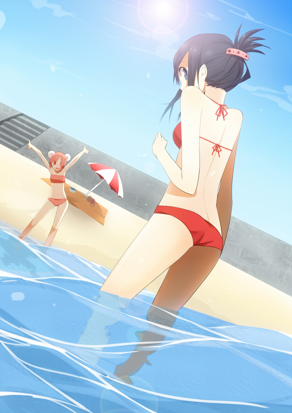 panda (pandadesu), original, 2girls, ass, beach, bikini, day, from behind, multiple girls, swimsuit