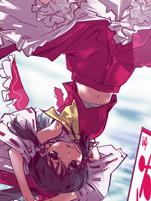 kuruwa (artist), teoshiguruma, hakurei reimu, touhou, 1girl, brown eyes, brown hair, detached sleeves, female focus, japanese clothes, miko, solo, upside-down