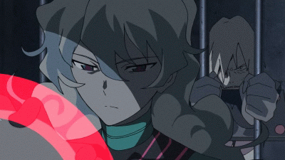 antispiral nia, nia teppelin, viral, tengen toppa gurren lagann, tengen toppa gurren lagann: lagann-hen, screencap, animated, animated gif, lowres, + +, 1boy, 1girl, angry, blue eyes, curly hair, dark, dark persona, energy, energy ball, expressionless, glowing, prison, prison cell