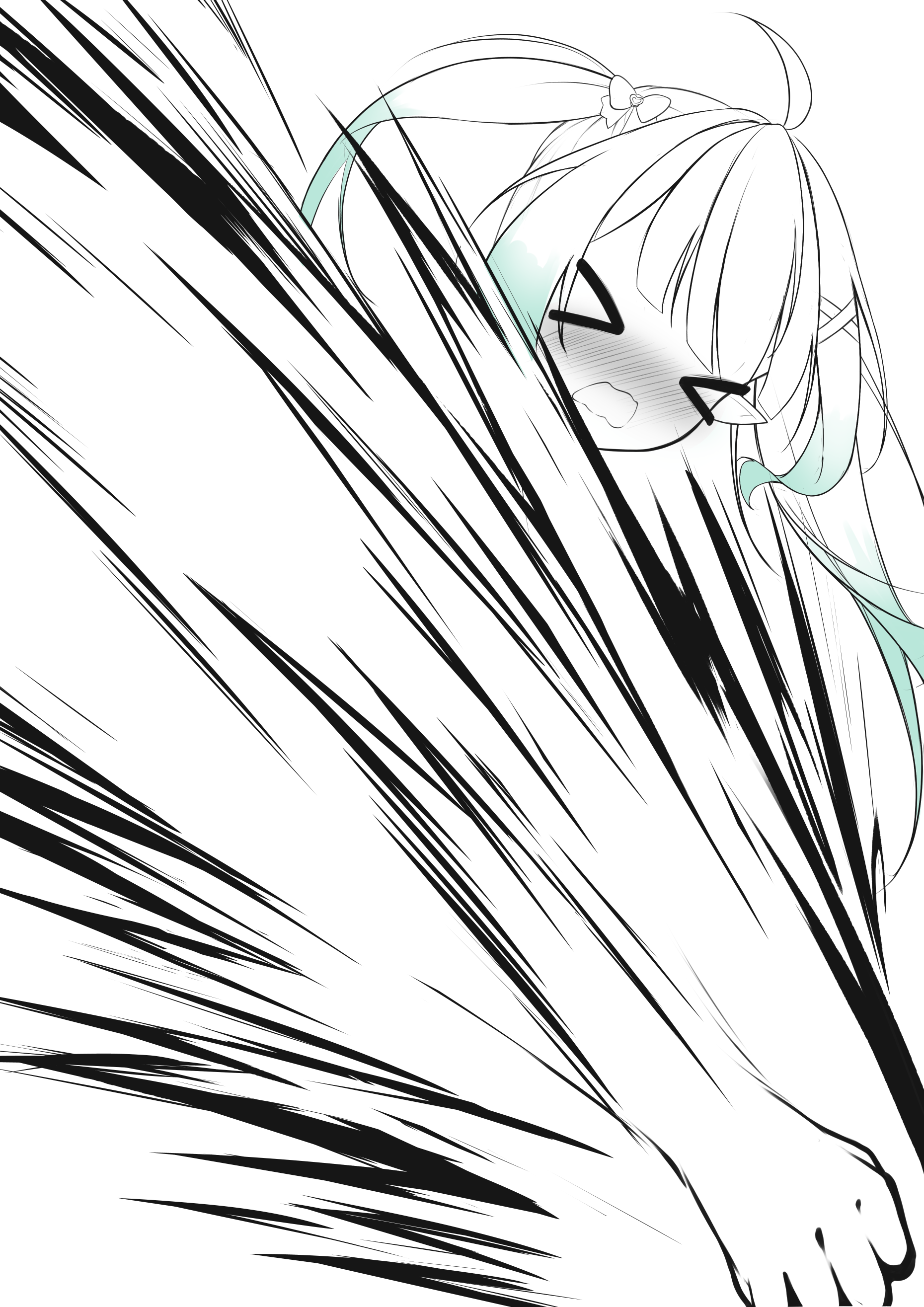 syxh, mint fantome, densetsu.exe, absurdres, commentary, english commentary, highres, > <, 1girl, ahoge, alternate hairstyle, blue eyes, blush, full-face blush, gradient hair, green hair, hair ornament, hairclip, incoming attack, incoming punch, maid headdress, multicolored hair, pointy ears, punching, short hair, simple background, spot color, triangular headpiece, twintails, two side up, virtual youtuber, wavy hair, x hair ornament