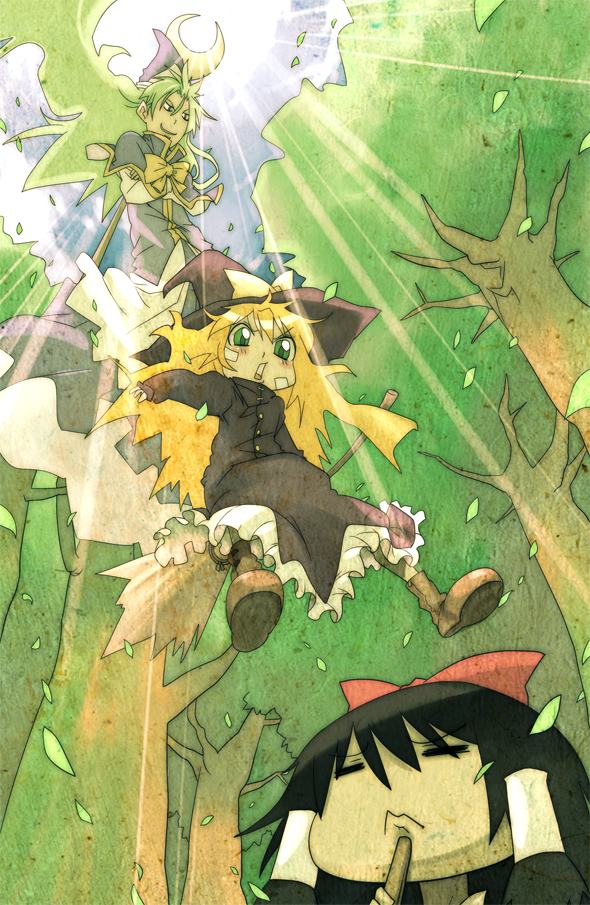 tokomichi, hakurei reimu, kirisame marisa, kirisame marisa (pc-98), mima (touhou), mystic square, touhou, touhou (pc-98), 3girls, black hair, blonde hair, bow, broom, capelet, dress, female focus, green eyes, green hair, hair bow, hair tubes, hat, long hair, multiple girls, staff, tree, witch hat, wizard hat