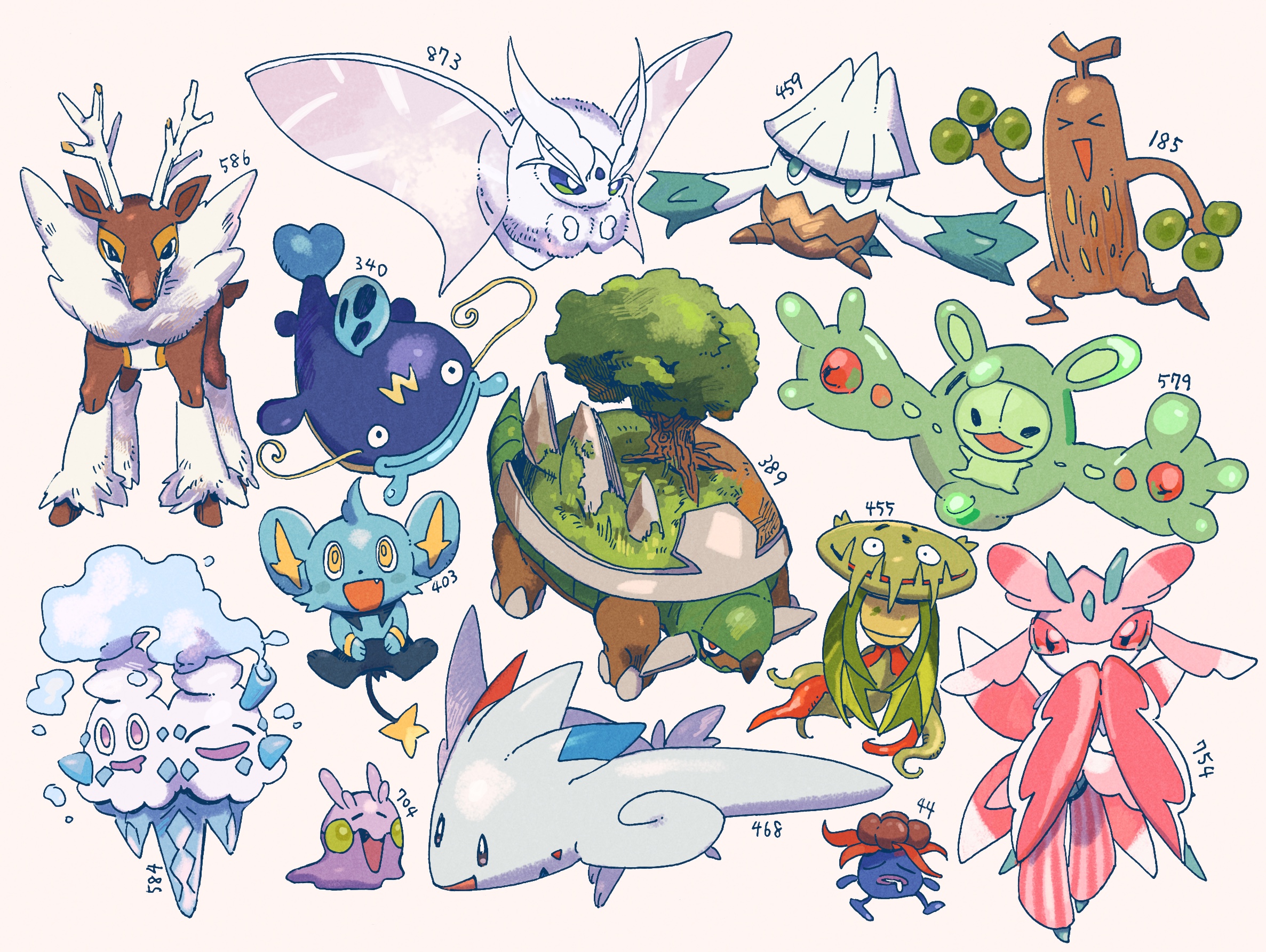 suno (su no125), carnivine, frosmoth, gloom (pokemon), goomy, lurantis, reuniclus, sawsbuck, shinx, snover, sudowoodo, togekiss, torterra, vanilluxe, whiscash, nintendo, pokemon, commentary request, highres, > <, :3, antlers, blue lips, bug, closed eyes, closed mouth, deer, drooling, fang, fish, full body, gen 2 pokemon, gen 3 pokemon, gen 4 pokemon, gen 5 pokemon, gen 6 pokemon, gen 7 pokemon, gen 8 pokemon, green eyes, horns, mouth drool, multiple heads, no humans, open mouth, pokedex number, pokemon (creature), pokemon focus, purple eyes, purple lips, simple background, skin fang, smile, spikes, tree, white background, yellow eyes, yellow pupils