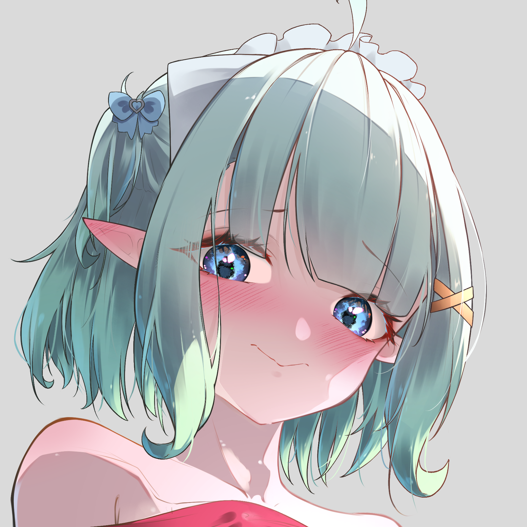 syxh, mint fantome, densetsu.exe, commentary, cropped, english commentary, highres, 1girl, bare shoulders, blue eyes, blush, closed mouth, ear blush, gradient hair, green hair, grey background, hair ornament, hairclip, looking at viewer, looking down, maid headdress, multicolored hair, pointy ears, short hair, shoulder blush, simple background, triangular headpiece, two side up, virtual youtuber, wavy hair, wavy mouth, x hair ornament