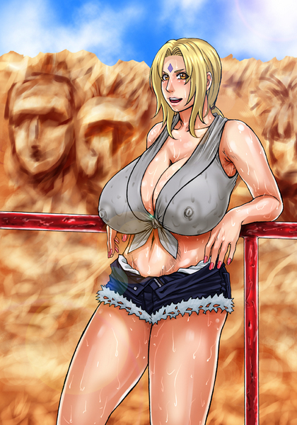kazuki kotobuki, tsunade (naruto), naruto, resized, blonde hair, breasts, cleavage, covered erect nipples, facial mark, forehead mark, hot, huge breasts, nail polish, nipples, orange eyes, outdoors, pixiv thumbnail, plump, short shorts, shorts, solo, sweat