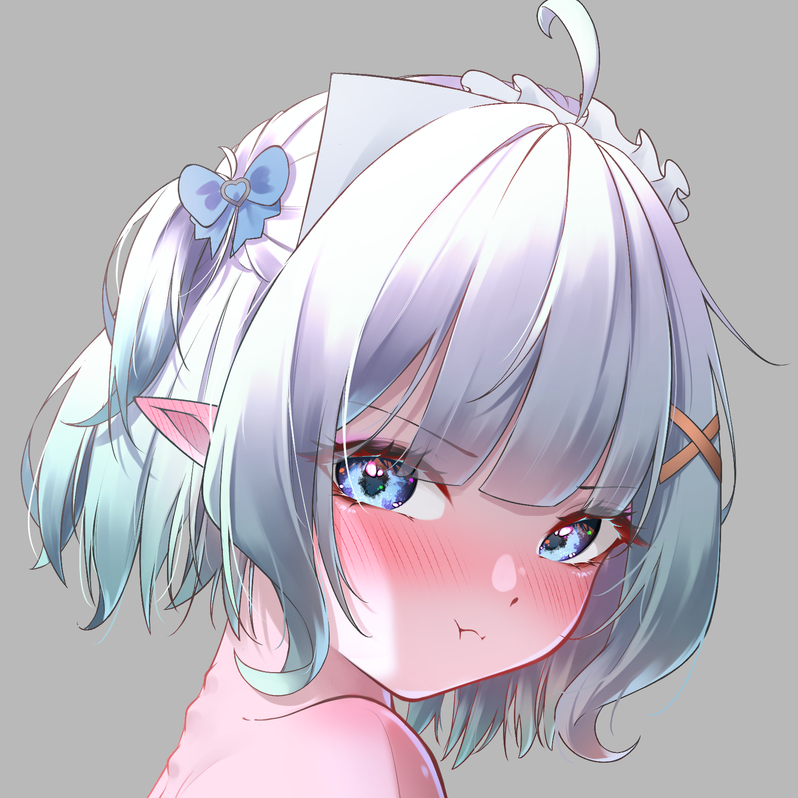 syxh, mint fantome, densetsu.exe, commentary, cropped, english commentary, highres, 1girl, :i, angry, blue eyes, blush, ear blush, gradient hair, green hair, grey background, hair ornament, hairclip, looking at viewer, maid headdress, multicolored hair, pointy ears, pout, puffy cheeks, short hair, shoulder blush, simple background, spine, triangular headpiece, two side up, virtual youtuber, wavy hair, x hair ornament