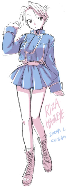 riza hawkeye, fullmetal alchemist, uniform, 00s, 1girl, aiguillette, blonde hair, boots, dated, female focus, folded ponytail, miniskirt, skirt, solo