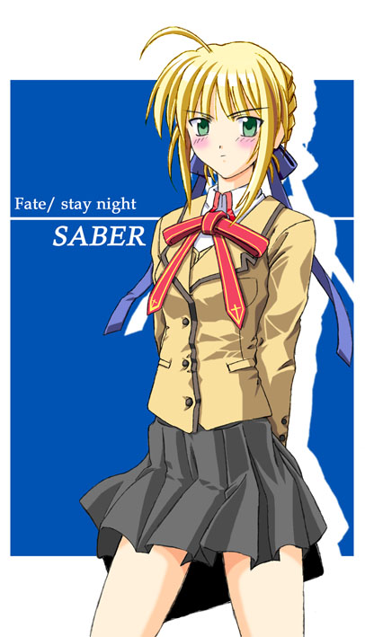 artoria pendragon (fate), saber (fate), fate/stay night, fate (series), ahoge, blonde hair, blush, green eyes, hair ribbon, homurabara academy school uniform, ribbon, school uniform, skirt, solo