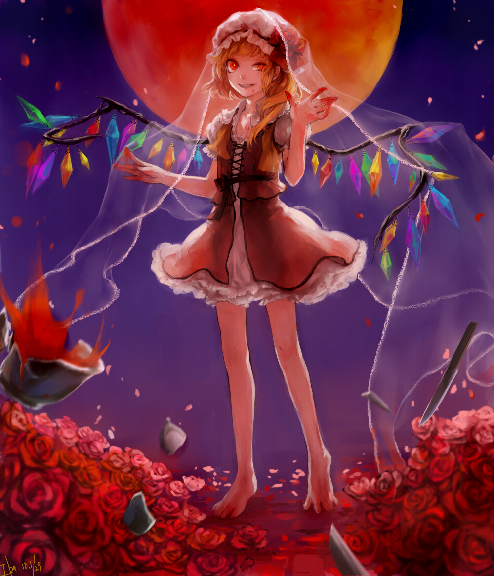 noir (artist), noir (ibaraki), flandre scarlet, touhou, bad id, bad pixiv id, 1girl, asymmetrical hair, barefoot, blonde hair, blood, cup, female focus, flower, hat, knife, ponytail, red eyes, rose, short hair, side ponytail, solo, teacup, veil, wings