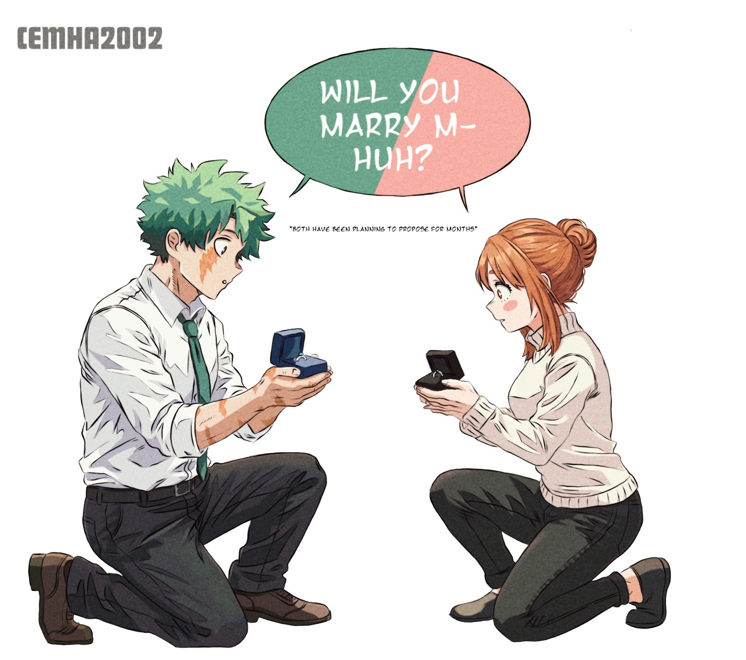 midoriya izuku, uraraka ochako, boku no hero academia, commentary, english commentary, highres, 1boy, 1girl, artist name, black pants, black shoes, blush stickers, box, breasts, brown hair, brown shoes, carlose24339152, collared shirt, couple, english text, facial scar, full body, green hair, green necktie, hair bun, hetero, holding, holding box, marriage proposal, medium breasts, medium hair, necktie, on one knee, own hands together, pants, parted lips, ring box, scar, scar on arm, scar on cheek, scar on face, scar on hand, shared speech bubble, shirt, shoes, short hair, single blush sticker, sleeves rolled up, speech bubble, sweater, turtleneck, turtleneck sweater, updo, white background, white shirt, white sweater, wide-eyed
