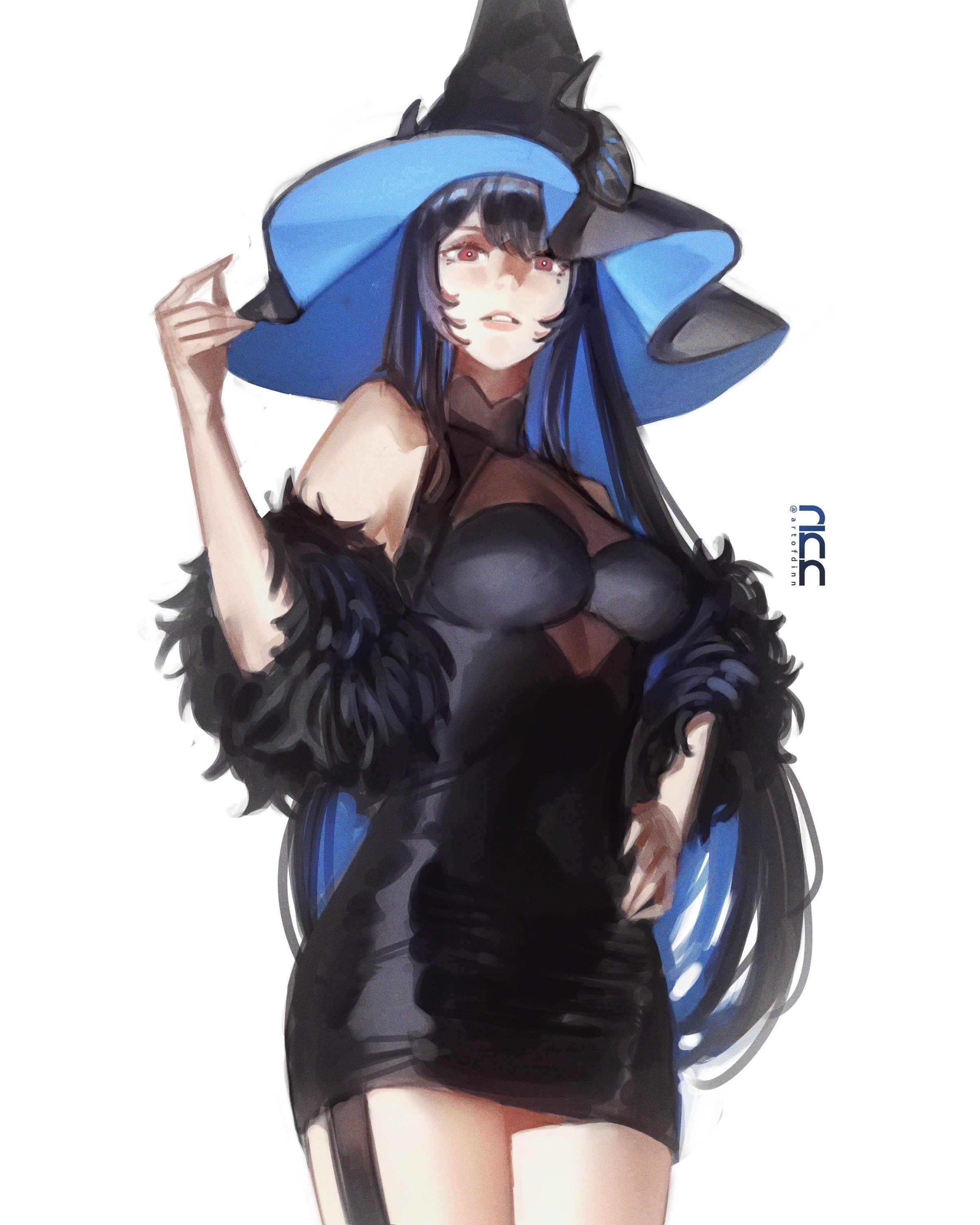 dinn (artofdinn), nerissa ravencroft, hololive, hololive english, absurdres, commentary, english commentary, highres, 1girl, artist logo, black dress, black hair, black hat, breasts, colored inner hair, dress, fur-trimmed sleeves, fur trim, hand on own hip, hat, horns, logo, long hair, looking at viewer, multicolored hair, parted lips, short dress, simple background, solo, thigh strap, virtual youtuber, white background, witch, witch hat