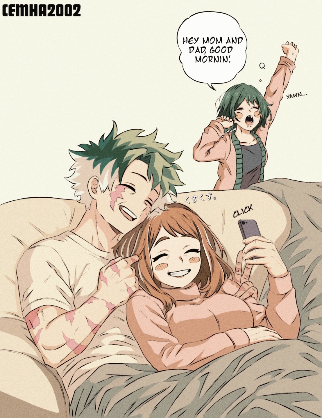 midoriya izuku, uraraka ochako, boku no hero academia, original, commentary, english commentary, highres, 1boy, 2girls, arm around shoulder, artist name, black shirt, blush stickers, breasts, brown hair, cardigan, carlose24339152, closed eyes, couple, drooling, english text, facial scar, freckles, green hair, grey hair, grin, hetero, holding, holding phone, husband and wife, if they mated, laughing, long sleeves, mature female, mature male, medium breasts, medium hair, mouth drool, multicolored hair, multiple girls, multiple scars, open mouth, parted lips, phone, pink cardigan, pink sweater, scar, scar on arm, scar on cheek, scar on face, selfie, shirt, short hair, short sleeves, smile, speech bubble, squeans, stretching, sweater, t-shirt, taking picture, turtleneck, turtleneck sweater, two-tone hair, under covers, v, white shirt, yawning