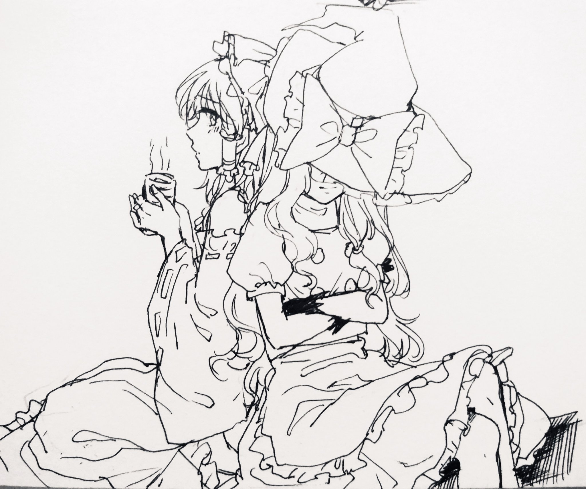 aihara-rina, hakurei reimu, kirisame marisa, touhou, chinese commentary, commentary request, highres, 2girls, apron, back-to-back, bow, crossed arms, cup, detached sleeves, frilled bow, frilled hair tubes, frills, gloves, greyscale, hair bow, hair tubes, hat, hat bow, hat over eyes, holding, holding cup, long hair, monochrome, multiple girls, puffy short sleeves, puffy sleeves, ribbon-trimmed sleeves, ribbon trim, short sleeves, sitting, skirt, steam, waist apron, witch hat, yunomi