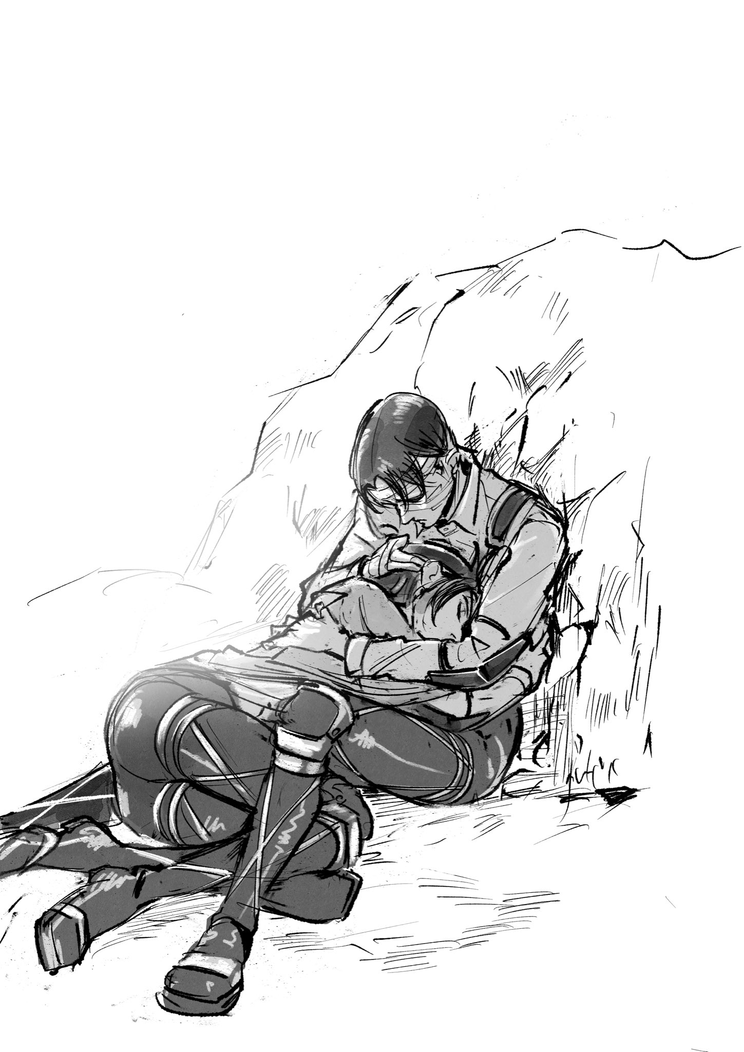 hange zoe, levi (shingeki no kyojin), shingeki no kyojin, highres, 1boy, 1other, bandaged hand, bandaged head, bandages, black hair, cloak, closed eyes, collared shirt, full body, greyscale, hand on another's head, monochrome, outdoors, parted bangs, shirt, short hair, sketch, tanosyna, three-dimensional maneuver gear, white background