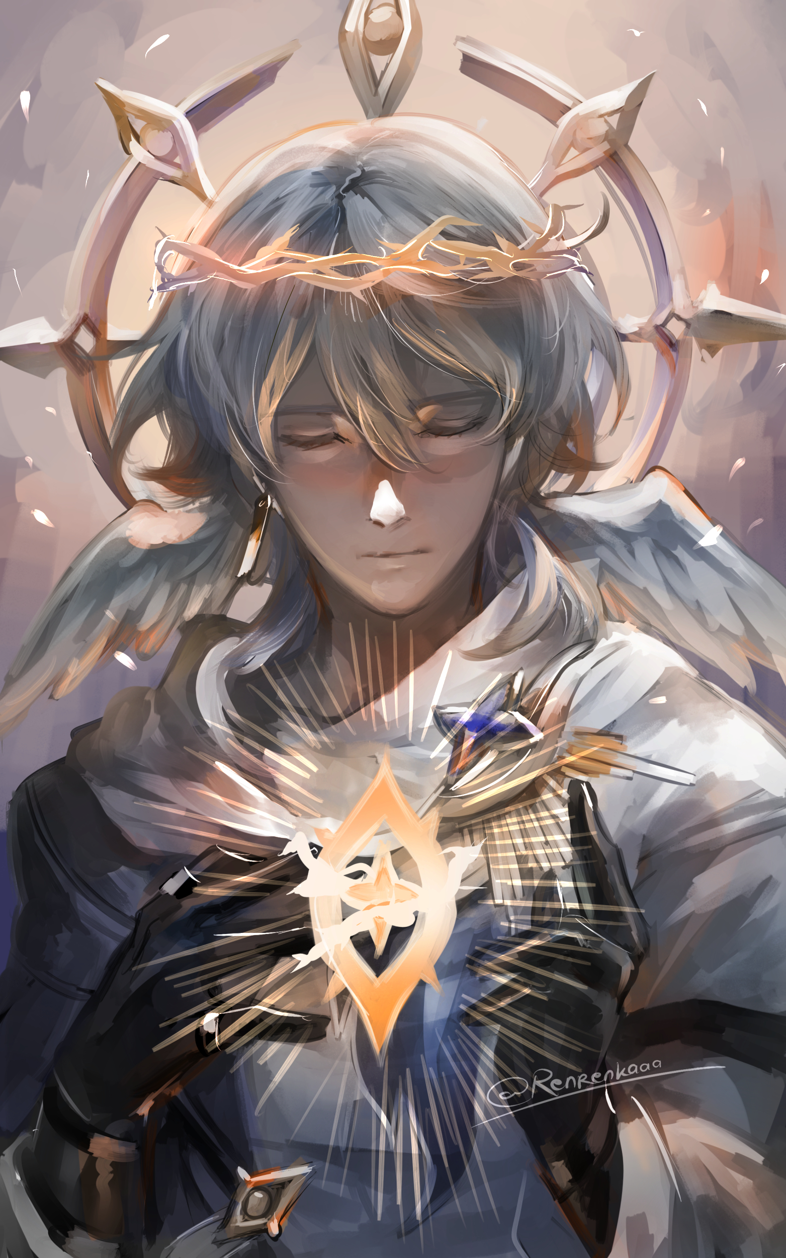 renrenka noi, sunday (honkai: star rail), honkai: star rail, honkai (series), absurdres, commentary, commentary request, english commentary, highres, 1boy, black gloves, closed eyes, closed mouth, earrings, gloves, glowing, grey background, grey hair, hair between eyes, halo, halo behind head, head wings, jewelry, male focus, mechanical halo, solo, wings