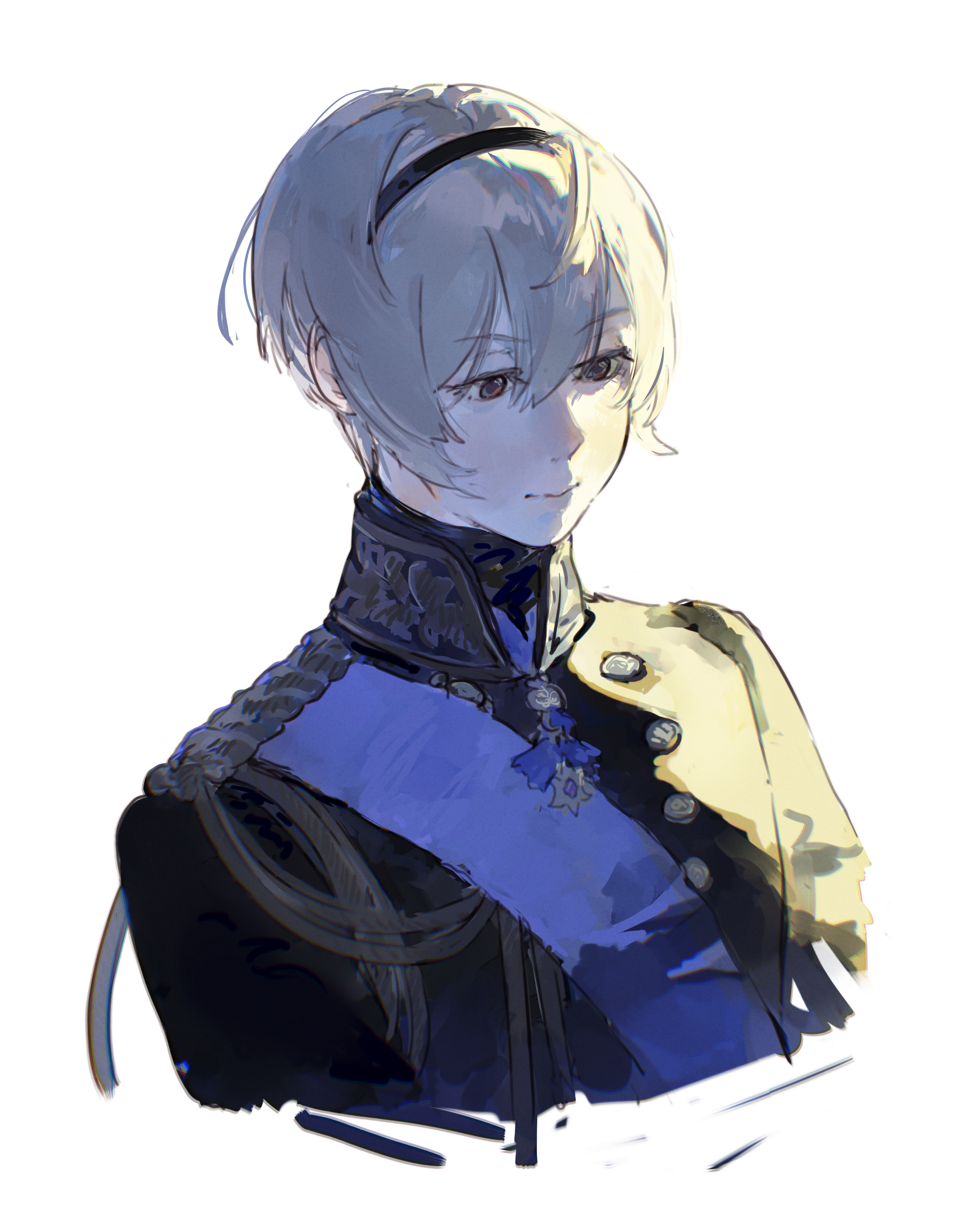 ai-wa, leo (fire emblem fates), fire emblem, fire emblem fates, nintendo, absurdres, commentary, english commentary, highres, 1boy, alternate costume, black hairband, blonde hair, hairband, male focus, red eyes, short hair, solo, upper body