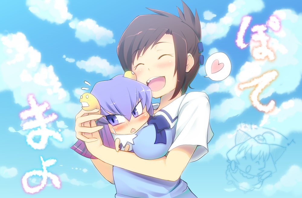 honihoni, honis, guchuko, potemayo (character), takamimori kyo, takamimori kyou, potemayo, bad id, bad pixiv id, 00s, 3girls, blush, breasts, brown hair, closed eyes, cloud, day, gradient hair, heart, hug, long hair, medium breasts, multicolored hair, multiple girls, pink hair, ponytail, purple eyes, purple hair, school uniform, sky