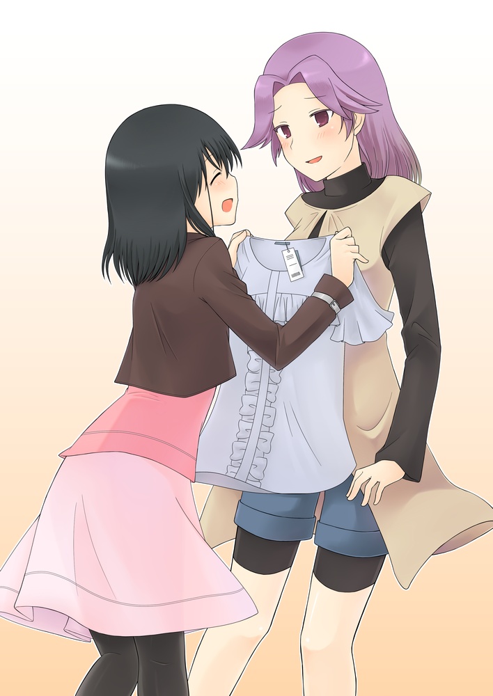 chabacha, kajiki yumi, touyoko momoko, saki (manga), bike shorts, blush, casual, closed eyes, forced dressing, pantyhose, purple eyes, purple hair, shopping, short hair, shorts, skirt, smile