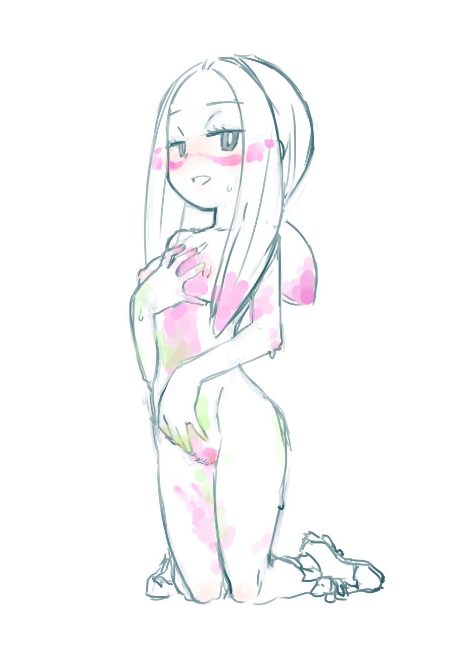 ogihara mach, mina (pokemon), nintendo, pokemon, pokemon sm, bad id, bad twitter id, 1girl, blush, bodypaint, breasts, bright pupils, female pubic hair, grin, hand on own chest, kneeling, long hair, looking at viewer, nipples, nude, paint, paint on body, pubic hair, shoes, sketch, small breasts, smile, sneakers, solo, sweat