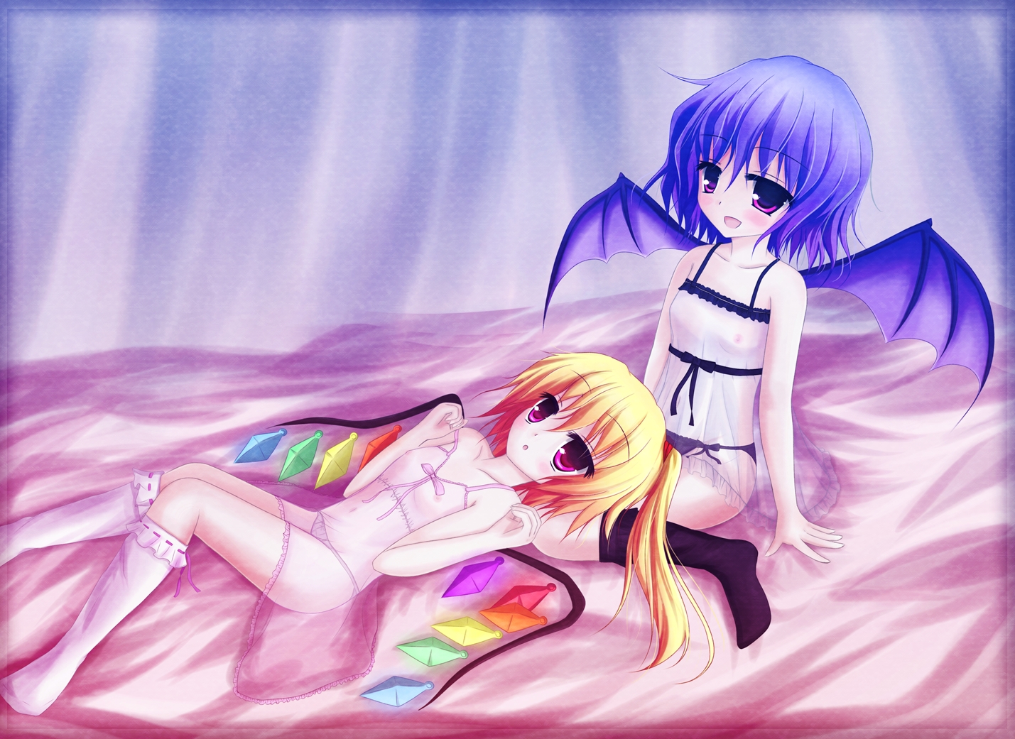 konikonitantan, shimotsuki keisuke, flandre scarlet, remilia scarlet, touhou, bad id, bad pixiv id, 2girls, bare shoulders, blonde hair, female focus, flat chest, kneehighs, lap pillow, lingerie, loli, lying, multiple girls, nipples, panties, purple hair, red eyes, see-through clothes, short hair, siblings, side ponytail, sisters, socks, underwear, wings