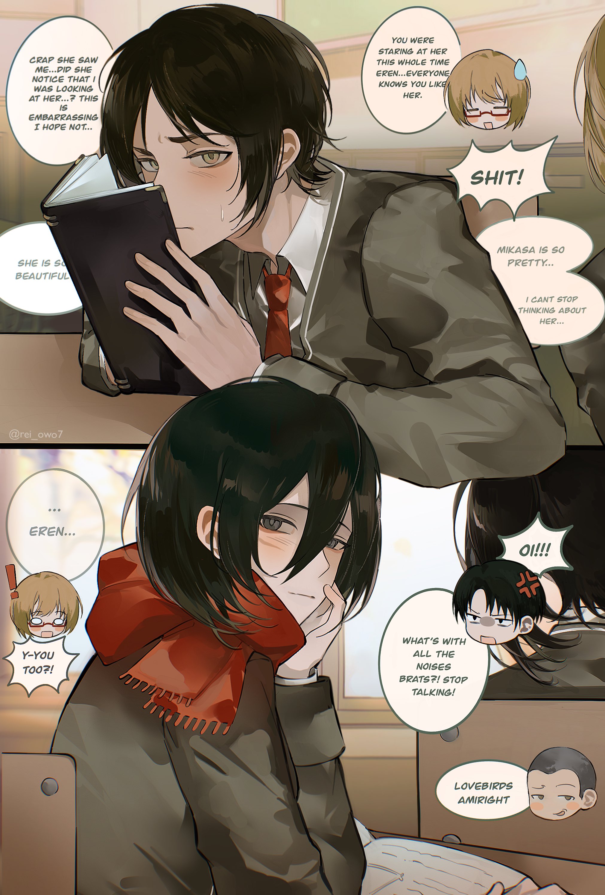 rei owo7, armin arlert, connie springer, eren yeager, levi (shingeki no kyojin), mikasa ackerman, shingeki no kyojin, absurdres, commentary, english commentary, highres, !, alternate universe, anger vein, black hair, blonde hair, blush, book, chibi, chibi inset, classroom, collared shirt, english text, facial scar, glasses, grey eyes, grey hair, grey jacket, hair between eyes, hand on own cheek, hand on own face, hetero, holding, holding book, jacket, looking at another, necktie, parted bangs, red necktie, red scarf, scar, scar on cheek, scar on face, scarf, school uniform, shirt, short hair, speech bubble, suit jacket, sweatdrop, upper body, very short hair, white shirt