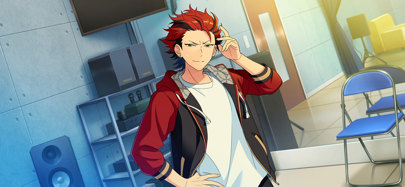 happy elements, kiryu kuro, ensemble stars!, game cg, official art, third-party source, 1boy, black hair, chair, closed mouth, curtains, door, drawstring, ear piercing, earrings, fingernails, folding chair, green eyes, hand on own hip, hand up, hood, hood down, hooded jacket, jacket, jewelry, looking at viewer, male focus, microphone, multicolored hair, nervous sweating, open clothes, open jacket, piercing, red hair, shirt, short hair, shousou no kagetsu-den (ensemble stars!), solo, speaker, split mouth, streaked hair, stud earrings, sweat, three-quarter sleeves, two-tone hair, upper body, white shirt, zipper pull tab