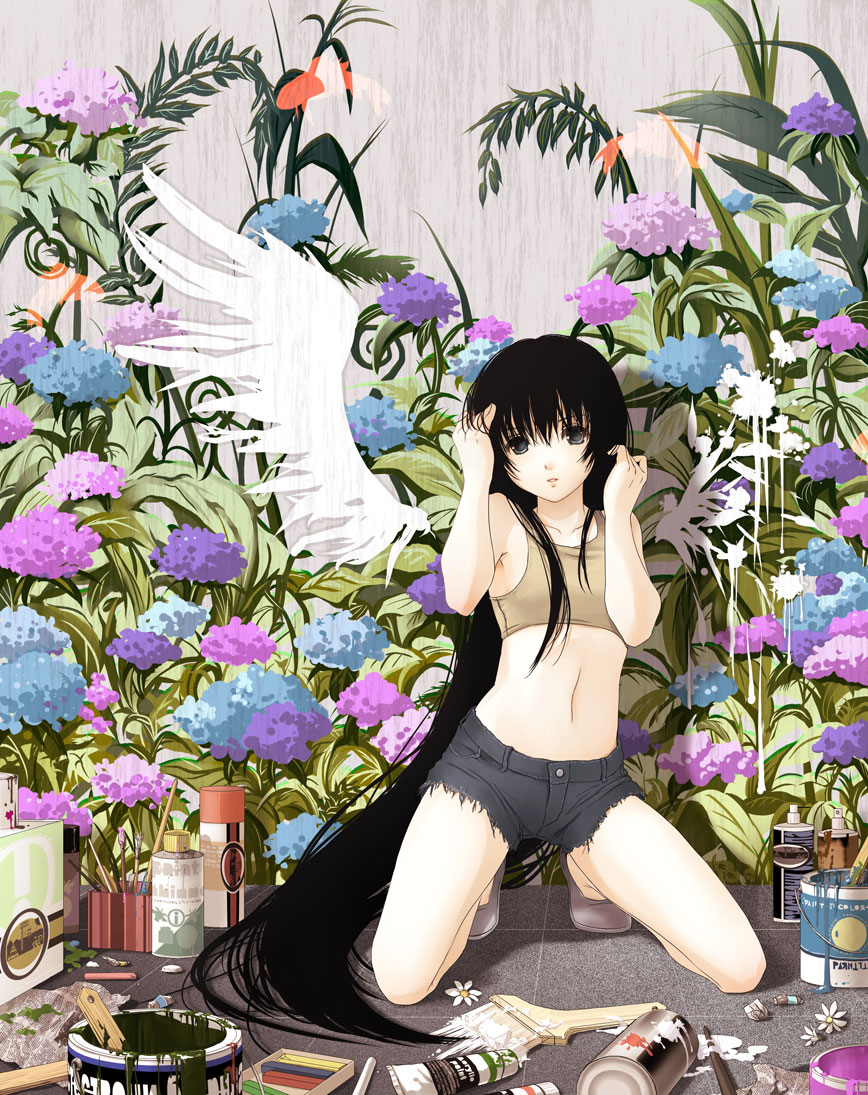 hatobatei, nacht (nacht 01), oekaki musume, original, 1girl, art brush, black eyes, black hair, black shorts, denim, denim shorts, female focus, floral print, flower, kneeling, long hair, midriff, paint, paint can, paintbrush, painting (action), plant, shorts, solo, trim brush, very long hair, wings