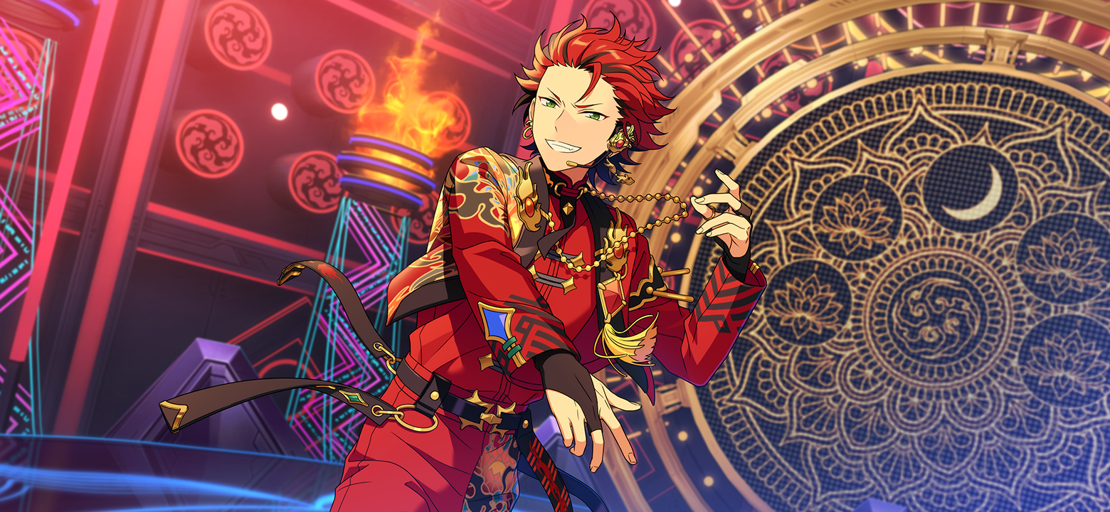 happy elements, kiryu kuro, ensemble stars!, game cg, official art, third-party source, 1boy, belt, black belt, black hair, clenched teeth, crescent, earrings, fire, floral print, flower, green eyes, hand up, headset, hoop earrings, jacket, jewelry, long sleeves, looking at viewer, male focus, multicolored hair, open clothes, open jacket, outstretched arm, pants, red hair, short hair, shousou no kagetsu-den (ensemble stars!), smile, solo, streaked hair, teeth, two-tone hair