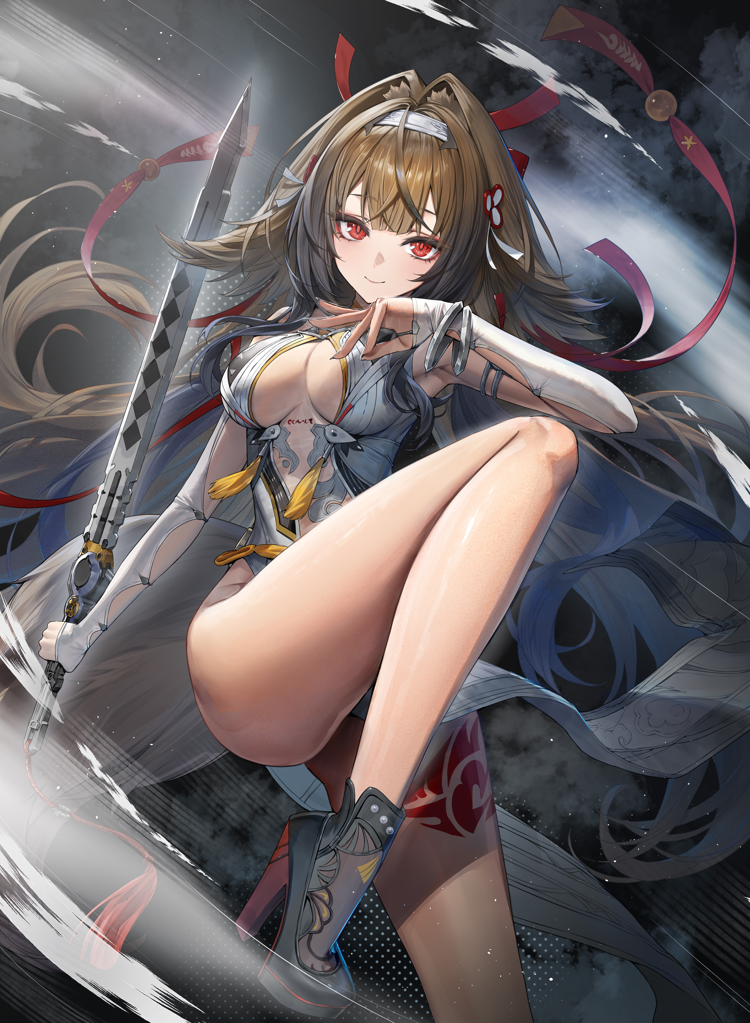 heirou, ye shunguang, zenless zone zero, absurdres, commentary request, highres, 1girl, animal ears, armlet, bare shoulders, bracelet, breasts, brown hair, china dress, chinese clothes, detached sleeves, dress, hair intakes, hair ribbon, hairband, high heels, jewelry, large breasts, leg tattoo, long hair, looking at viewer, pelvic curtain, qingming sword, red eyes, red ribbon, ribbon, see-through cleavage, see-through clothes, sidelocks, smile, solo, sword, tail, tattoo, thighs, weapon, white dress