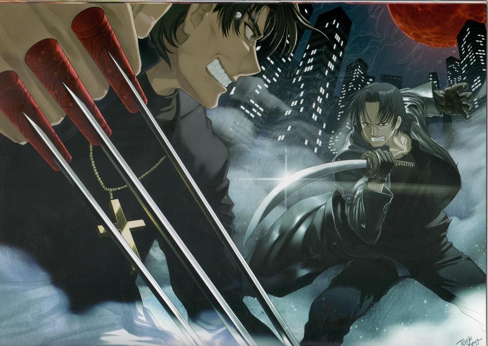 task owner, kong taolo, kotomine kirei, fate/stay night, fate (series), kikokugai, nitroplus, non-web source, scan, scan artifacts, 2boys, black keys (type-moon), cityscape, clenched teeth, cross, full moon, male focus, moon, multiple boys, red moon, sword, teeth, weapon