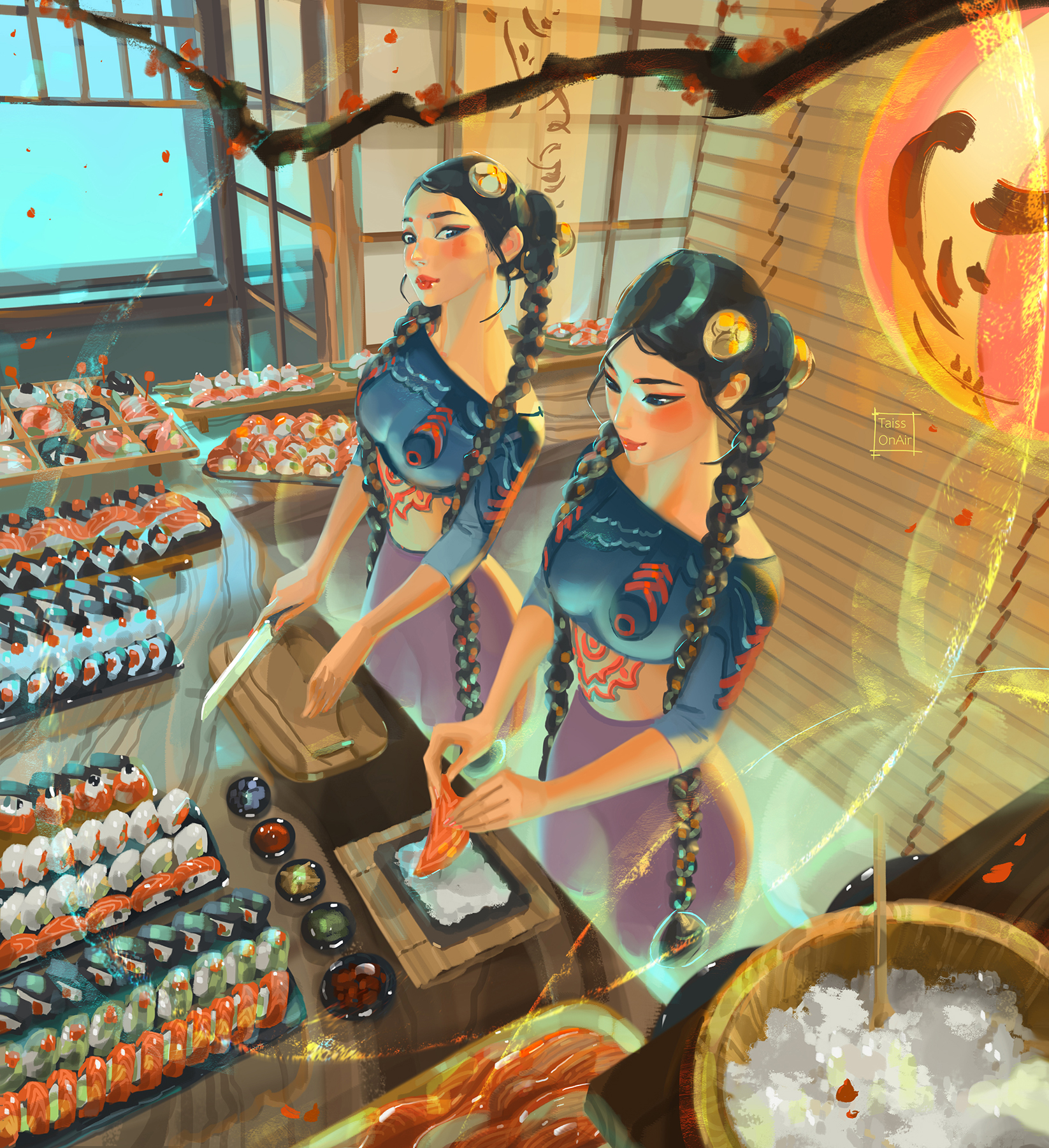 tatti art, original, commentary, english commentary, highres, paid reward available, 2girls, artist name, black hair, blue eyes, blush, braid, breasts, california roll, closed mouth, crop top, fish (food), food, holding, holding knife, knife, long hair, looking at viewer, makizushi, medium breasts, midriff, multiple girls, nigirizushi, rice, sushi, tree, twin braids, very long hair