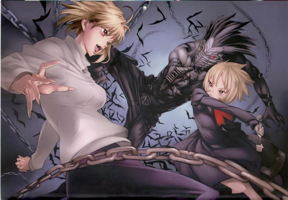 nishieda, arcueid brunestud, moura, vjedogonia, nitroplus, tsukihime, vampirdzhija vjedogonia, bat (animal), chain, crossover, hammer, sword, weapon