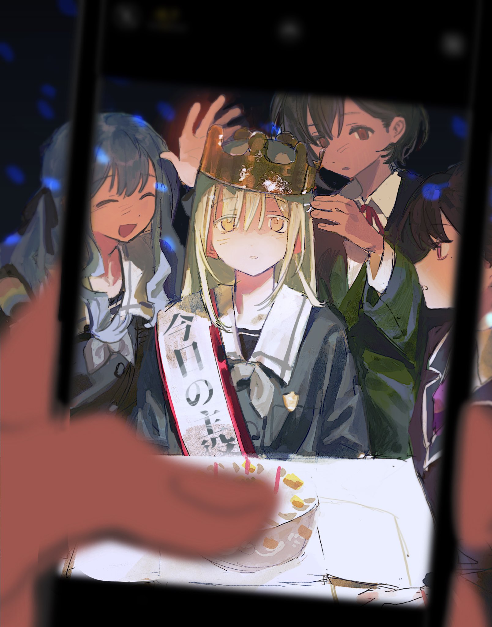 sssakanaaa, nagasaki soyo, shiina taki, takamatsu tomori, togawa sakiko, wakaba mutsumi, bang dream!, bang dream! it's mygo!!!!!, chinese commentary, commentary request, highres, 5girls, birthday cake, birthday sash, black jacket, blue hair, brown eyes, cake, cellphone, crop top, crychic (bang dream!), cup, diagonal-striped clothes, diagonal-striped necktie, female pov, food, green hair, grey hair, hair ornament, hairclip, haneoka school uniform, jacket, long hair, multiple girls, necktie, open mouth, phone, pov, purple eyes, school uniform, short hair, smartphone, striped clothes, taking picture, tsukinomori school uniform, yellow eyes