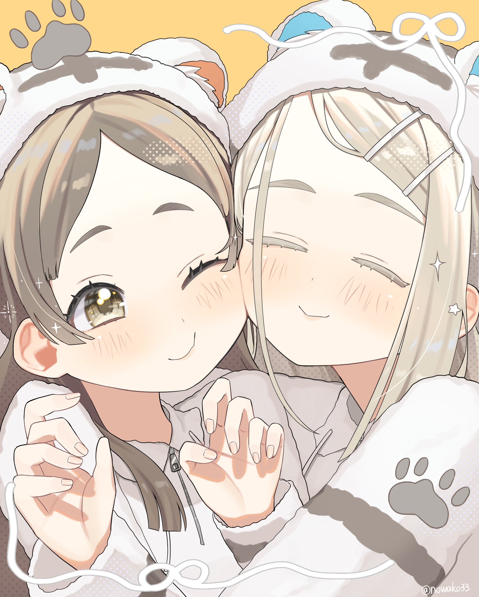 noko (nowako33), kuramoto china, shinosawa hiro, gakuen idolmaster, idolmaster, commentary request, highres, 2girls, animal hat, blonde hair, blush, brown eyes, brown hair, closed eyes, closed mouth, colored eyelashes, facing viewer, fingernails, fur hat, fur jacket, hair ornament, hairclip, hands up, hat, hug, inset border, jacket, long hair, looking at another, looking to the side, multiple girls, one eye closed, parallel hairclips, parted bangs, paw print, pink nails, sparkle, white hat, white jacket, yellow background