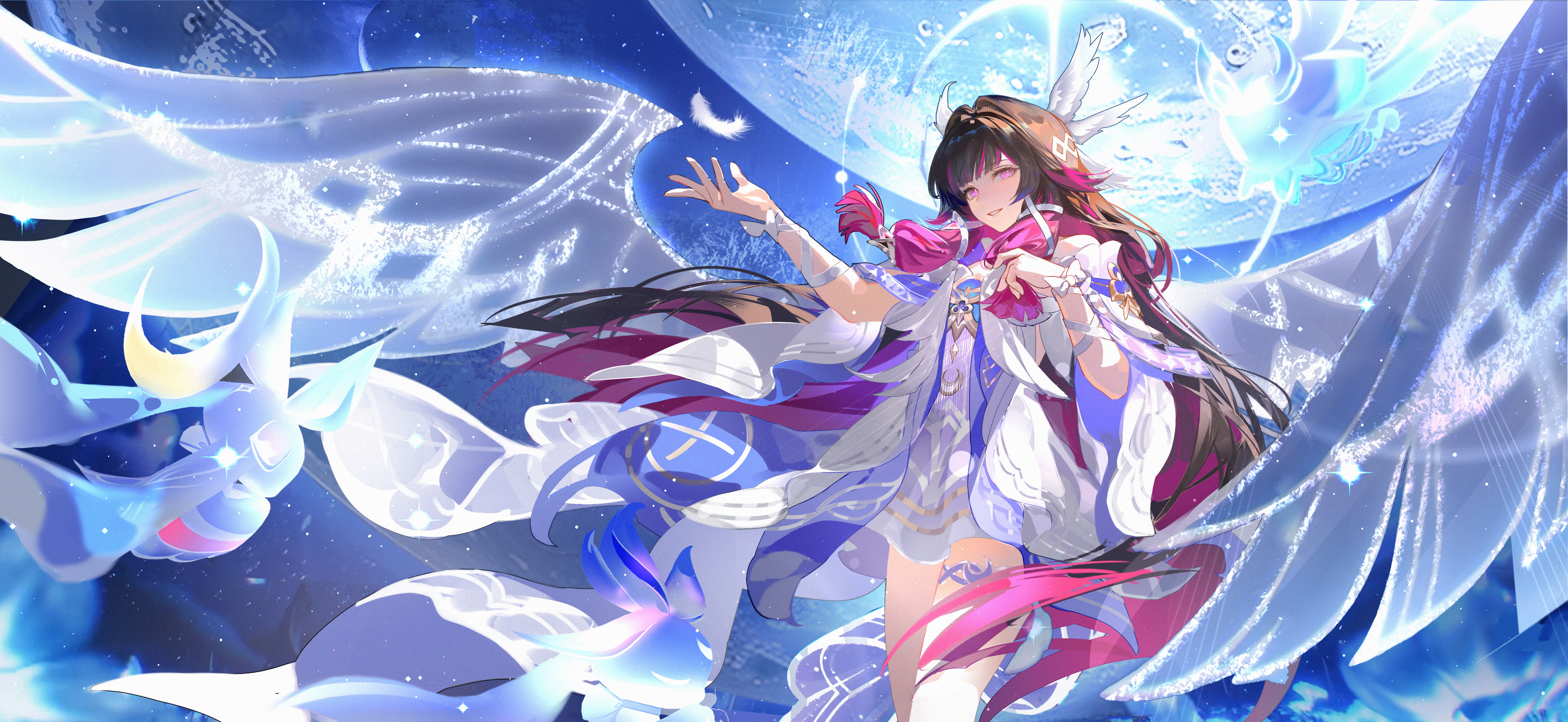 leleyoukuailele, columbina (genshin impact), genshin impact, absurdres, highres, 1girl, black hair, dress, feathered wings, full moon, hair ornament, head wings, long hair, moon, multicolored hair, purple eyes, purple hair, smile, solo, streaked hair, two-tone hair, unusually open eyes, very long hair, white dress, white wings, wings