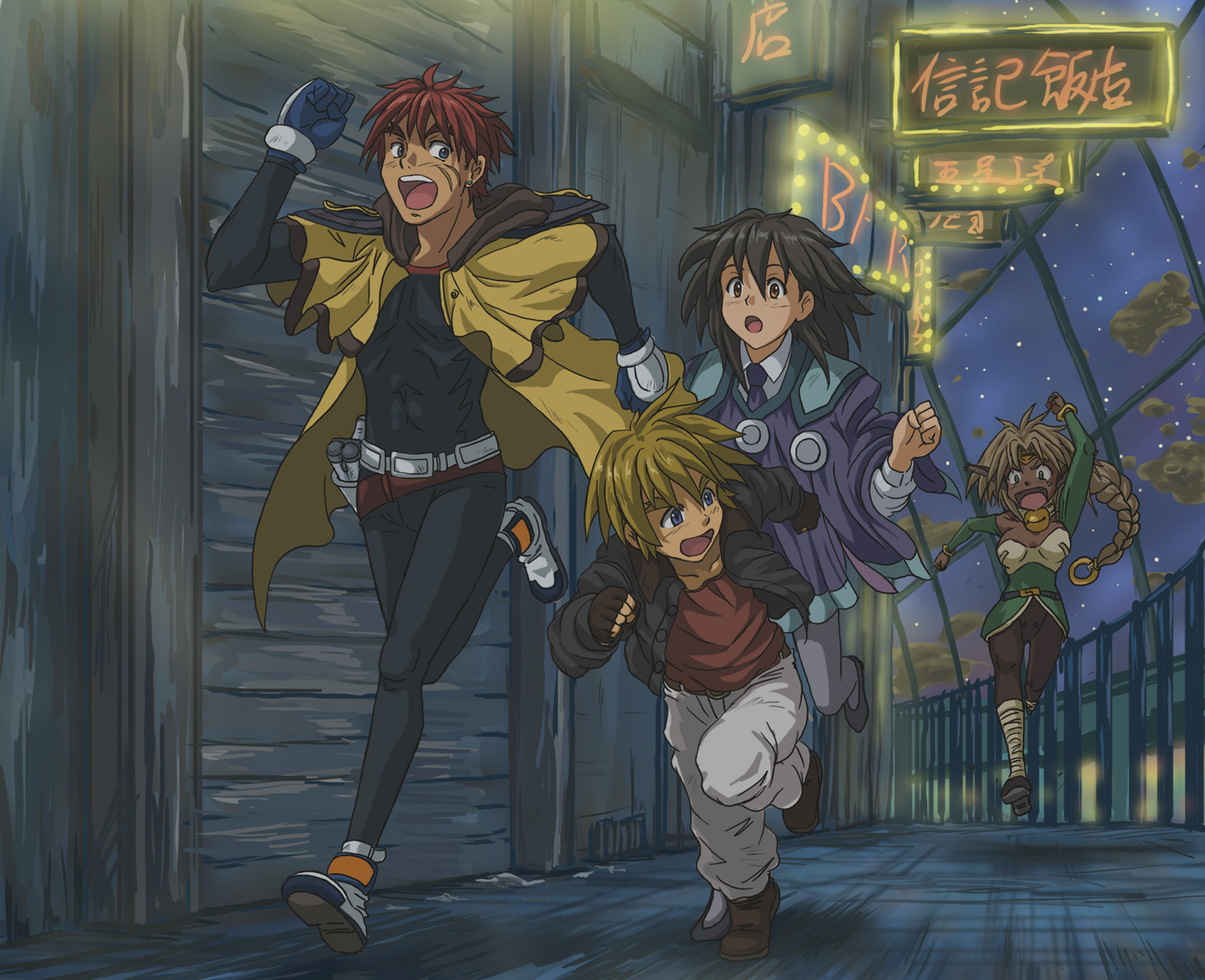 hirasawa meio, aisha clanclan, gene starwind, james hawking, melfina, melfina (outlaw star), outlaw star, highres, 1990s (style), 2boys, 2girls, animal ears, bell, black hair, blue eyes, braid, brown eyes, brown hair, cat ears, cloud, collar, dark skin, fangs, fleeing, gun, handgun, multiple boys, multiple girls, neck bell, necktie, night, pantyhose, red hair, retro artstyle, running, scar, sign, sky, spandex, weapon
