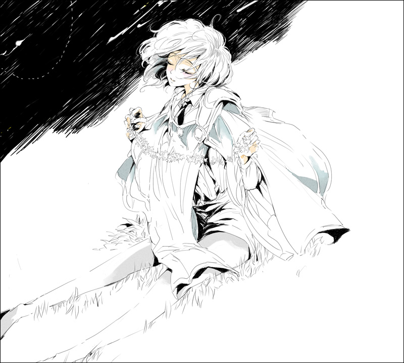 kojima rarako, melfina, melfina (outlaw star), outlaw star, bad id, bad pixiv id, 1990s (style), 1girl, closed eyes, female focus, flower, grass, greyscale, monochrome, retro artstyle, sitting, solo