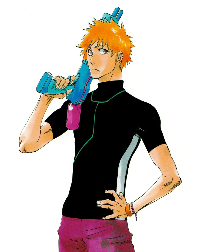 kubo tite, kurosaki ichigo, bleach, official art, second-party source, 1boy, 2015, brown eyes, closed mouth, hand on own hip, holding, holding water gun, holding weapon, male focus, orange hair, shirt, short hair, simple background, solo, solo focus, spiked hair, standing, upper body, water gun, weapon, white background
