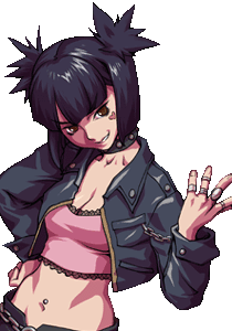 moira (gaia online), gaia online, artist request, lowres, black hair, breasts, chain, choker, cleavage, jacket, jewelry, navel, ring, tattoo