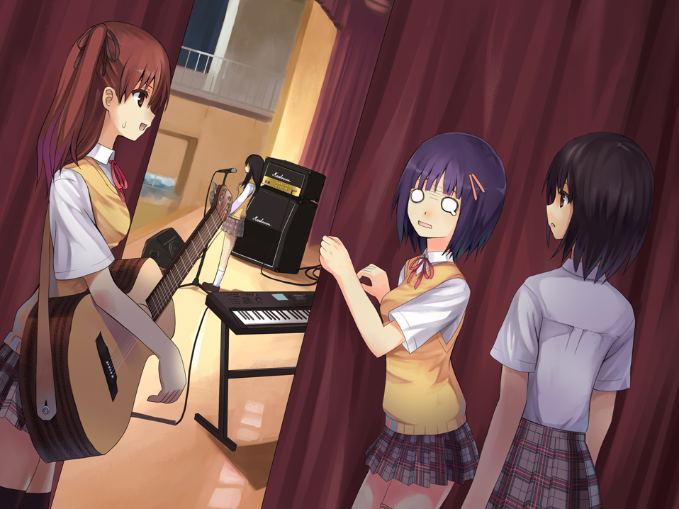 koyama tomosato, original, bad id, bad pixiv id, 4girls, acoustic guitar, amplifier, cable, guitar, instrument, keyboard, keyboard (instrument), multiple girls, school uniform