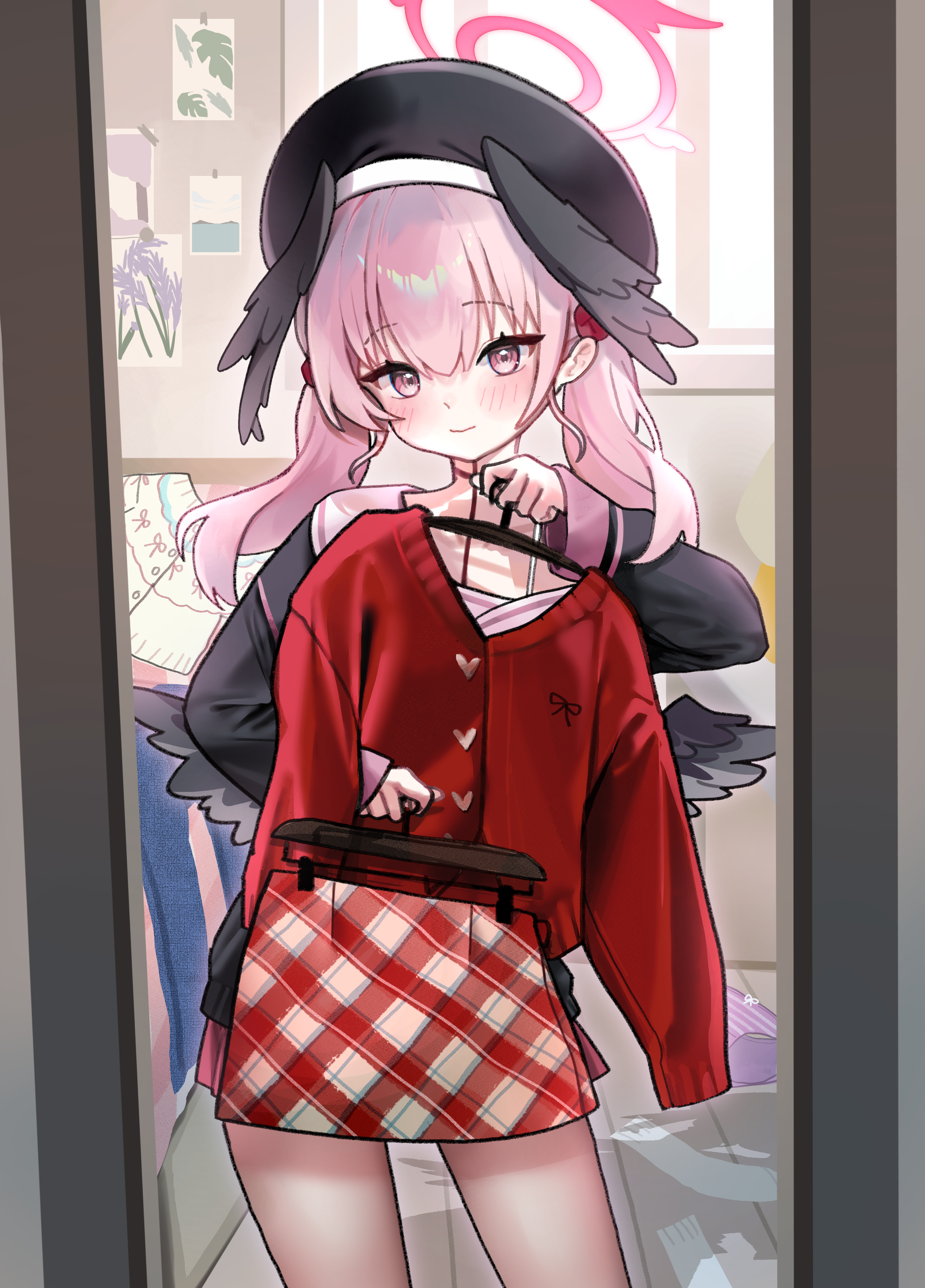 hyurumari, koharu (blue archive), blue archive, absurdres, commentary request, highres, korean commentary, 1girl, black hat, black shirt, black wings, blush, cardigan, closed mouth, hair between eyes, hat, head wings, holding, holding unworn clothes, long hair, looking at mirror, low wings, mirror, pencil skirt, pink eyes, pink hair, pink sailor collar, pink skirt, plaid clothes, plaid skirt, red cardigan, red skirt, reflection, sailor collar, shirt, skirt, smile, solo, twintails, wings