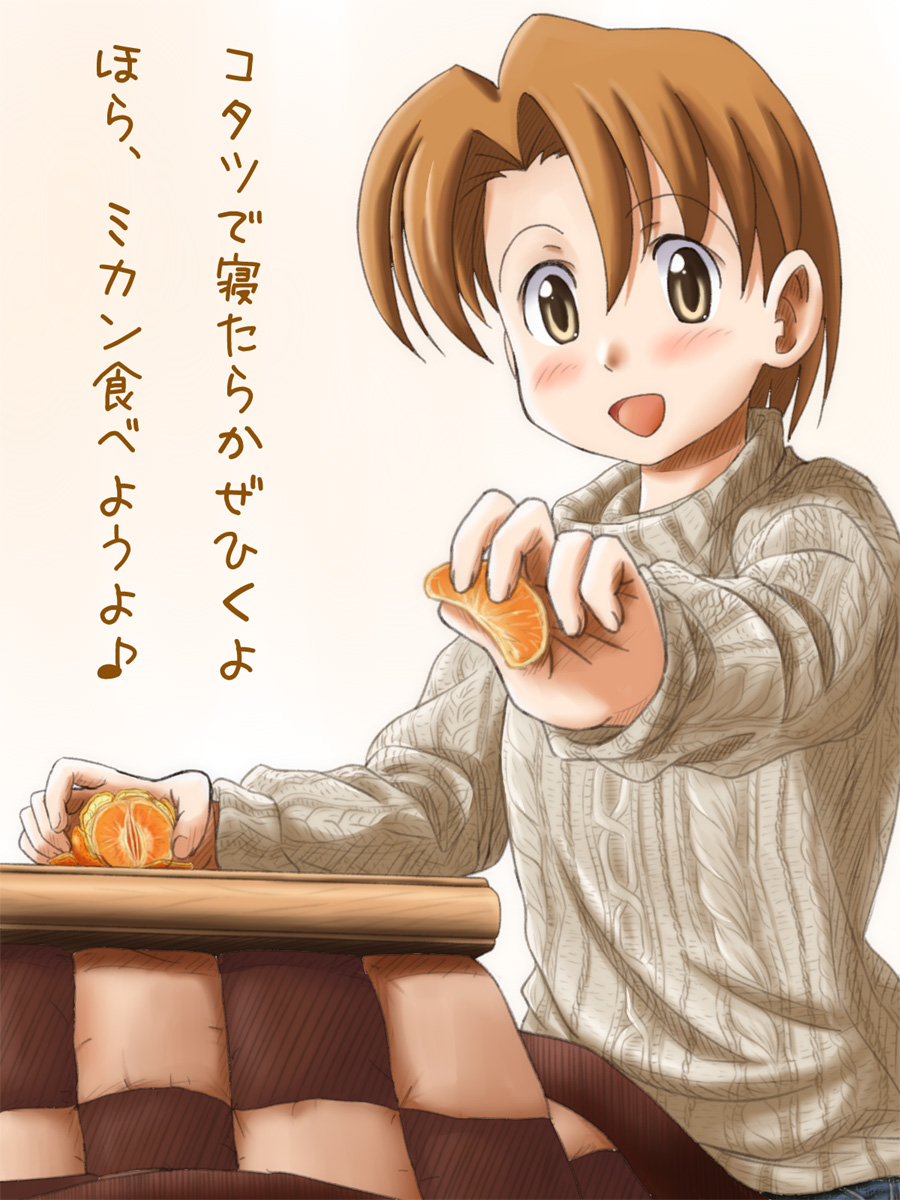 lielos, fujimoto atsuko, original, highres, 1girl, blush, brown eyes, brown hair, female focus, food, fruit, kotatsu, mandarin orange, orange (fruit), short hair, solo, sweater, table