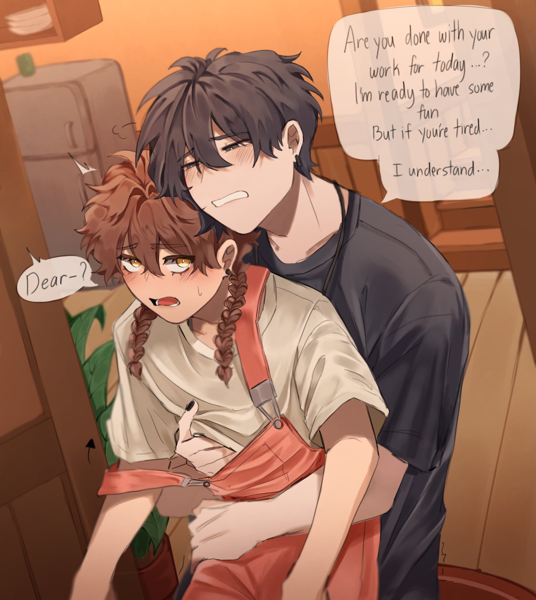 sebastian (stardew valley), stardew valley, commentary, english commentary, highres, 2boys, arrow (symbol), black hair, black nails, black shirt, blush, braid, brown hair, clothes lift, earrings, english text, grabbing from behind, grey eyes, jewelry, lifting another's clothes, looking at another, low twin braids, male focus, multiple boys, necklace, open mouth, overalls, pink overalls, shirt, shirt lift, short hair, speech bubble, sunnyyy1210, trembling, twin braids, undressing another, wavy mouth, white shirt, yaoi, yellow eyes